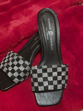 Chinese Laundry Black and Silver Checkered Rhinestone Slide Mules